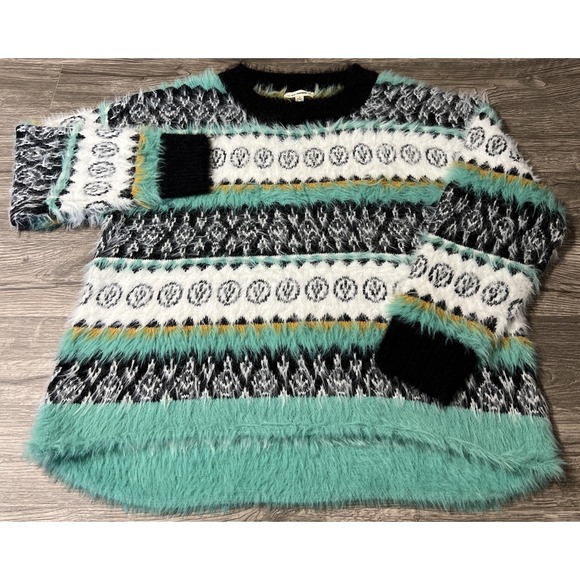 ee: some Women's Fair Isle Geometric Teal/Black/White Fuzzy Sweater Size Small - Picture 2 of 10